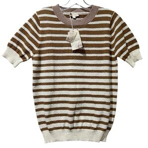 Hem & Thred Small Cream Tan Stripe Short Sleeve Crew Neck Sweater Top NWT B4